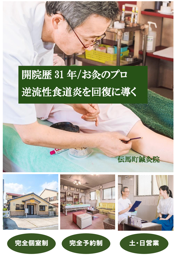 開院歴31年/お灸のプロ　逆流性食道炎を回復に導く　伝馬町鍼灸院　完全個室制　完全予約制　土・日営業